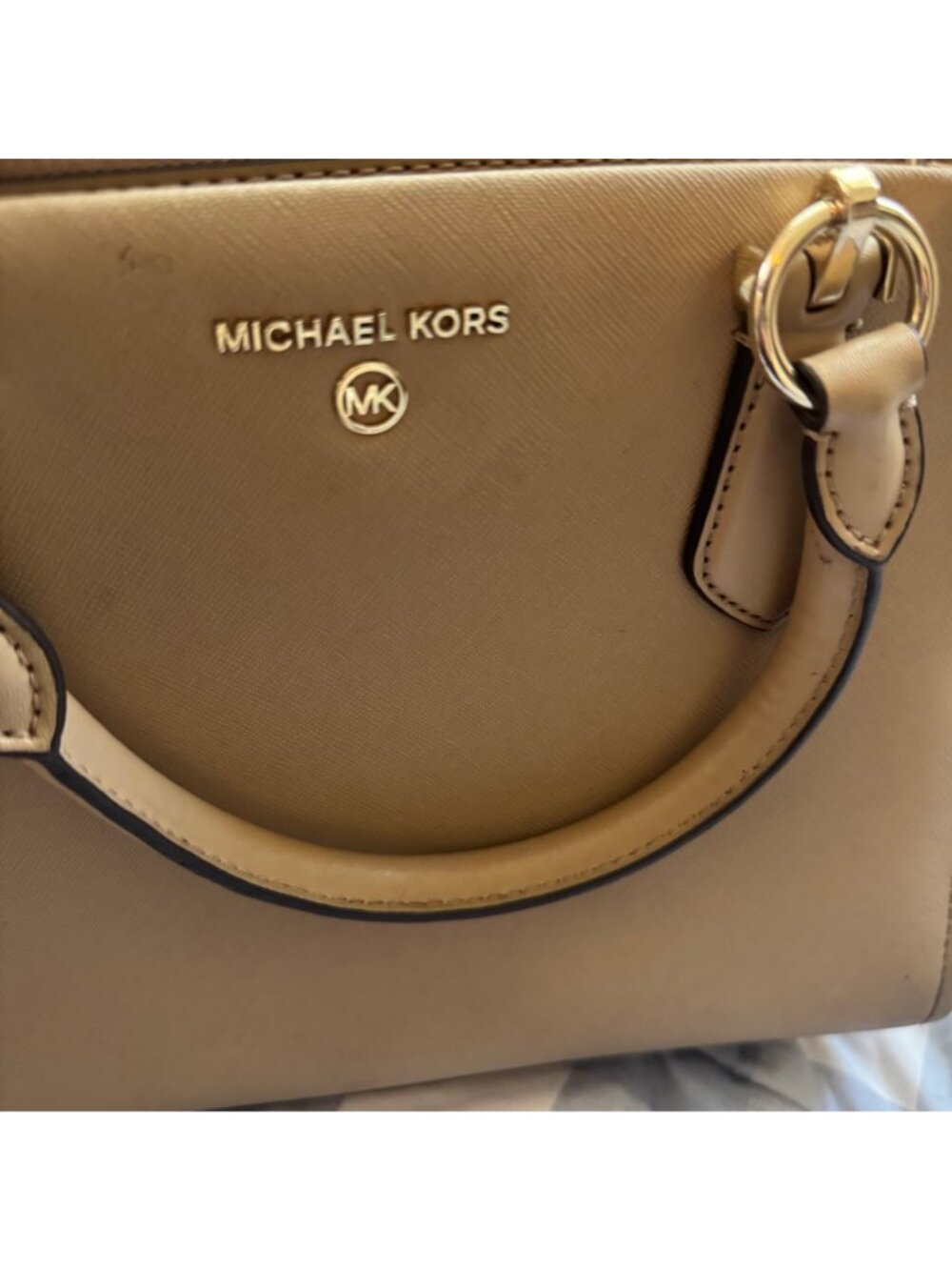 Michael Kors Beige Saffiano Leather Satchel With Adjustable Crossbody Strap - Picture 2 of 11